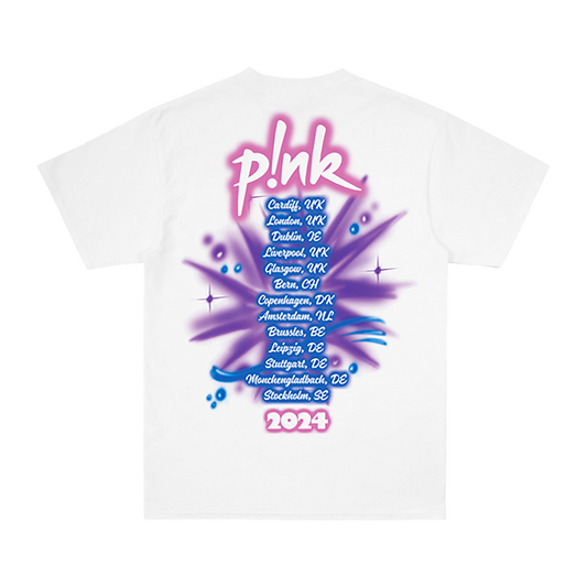 Back view of a white short-sleeve regular fit t-shirt featuring P!NK Summer 2024 tour dates printed across the back.