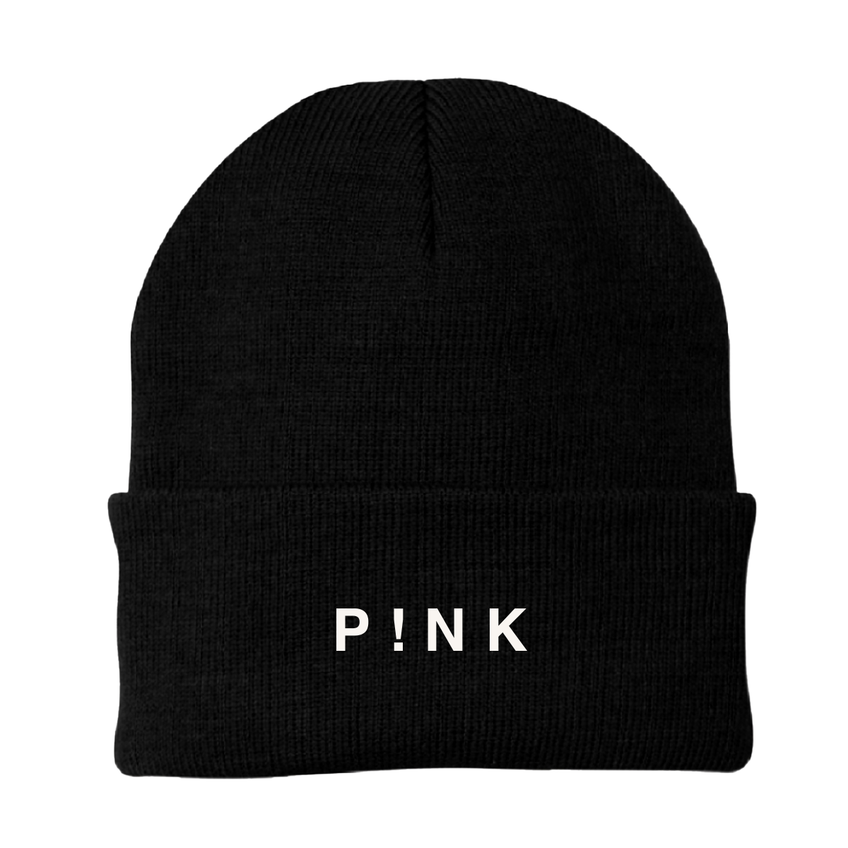 Front view of a black roll-over beanie with white P!NK text on the front