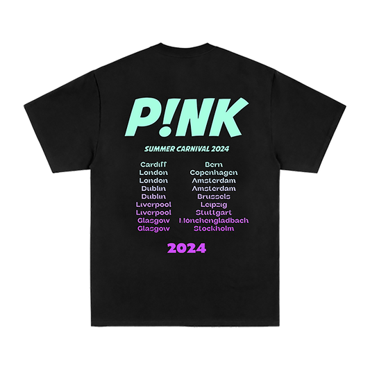Back view of a black short-sleeve regular fit T-Shirt featuring neon P!NK Summer Carnival 2024 tour dates printed across the back.