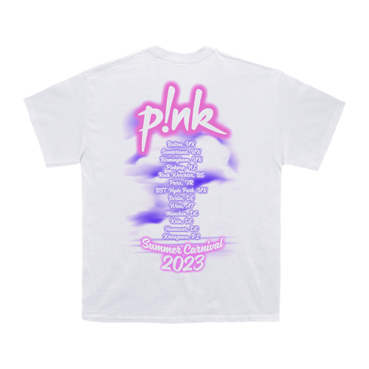 Front view of a white unisex short-sleeve T-shirt with a colourful P!NK print featuring pink 'P!NK' text and summer 2023 tour dates against a purple cloudy background