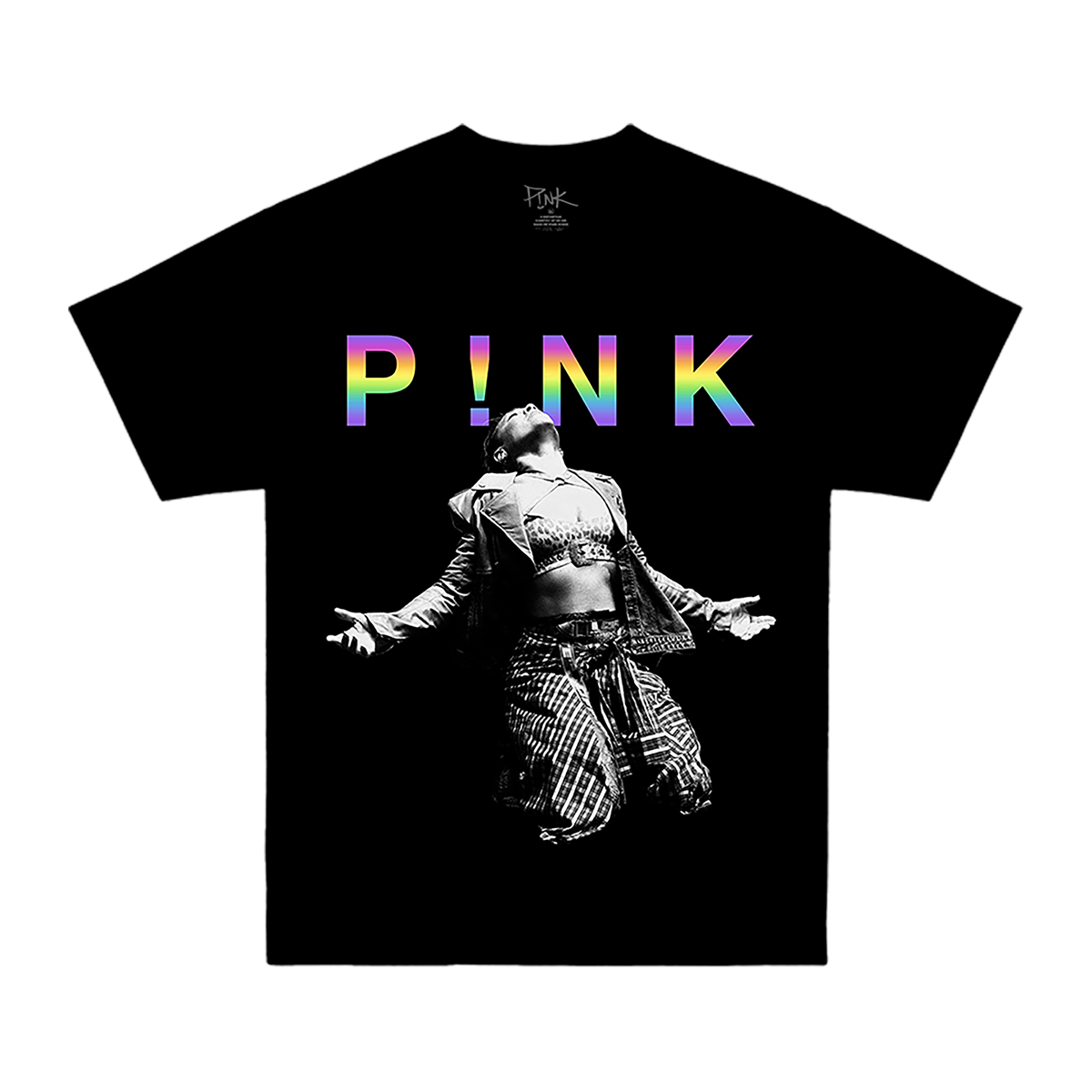 Front view of a black regular-fit short-sleeve T-shirt with rainbow P!NK text and a black-and-white photo print of P!NK across the front.
