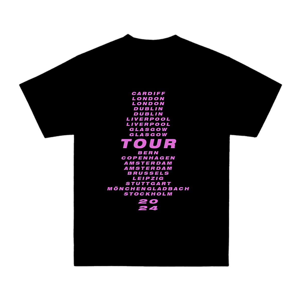 Back view of a black regular-fit short-sleeve T-shirt with pink Summer 2024 tour dates printed across the back.