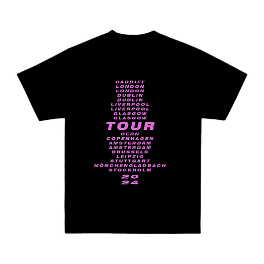 Back view of a black regular-fit short-sleeve T-shirt with pink Summer 2024 tour dates printed across the back.