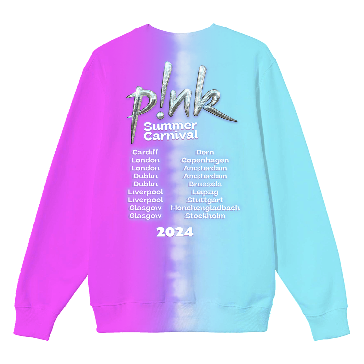 Back view of a pink and turquoise split-colour crewneck sweatshirt featuring P!NK Summer Carnival 2024 Tour dates printed across the back.
