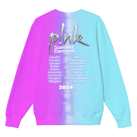Back view of a pink and turquoise split-colour crewneck sweatshirt featuring P!NK Summer Carnival 2024 Tour dates printed across the back.