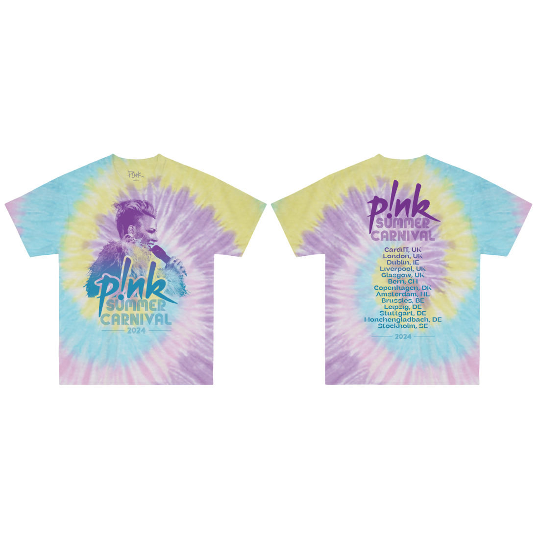 Front and back view of a tie-dye regular-fit short-sleeve T-shirt with P!NK print across the front and Summer Carnival 2024 Tour dates printed on the back.