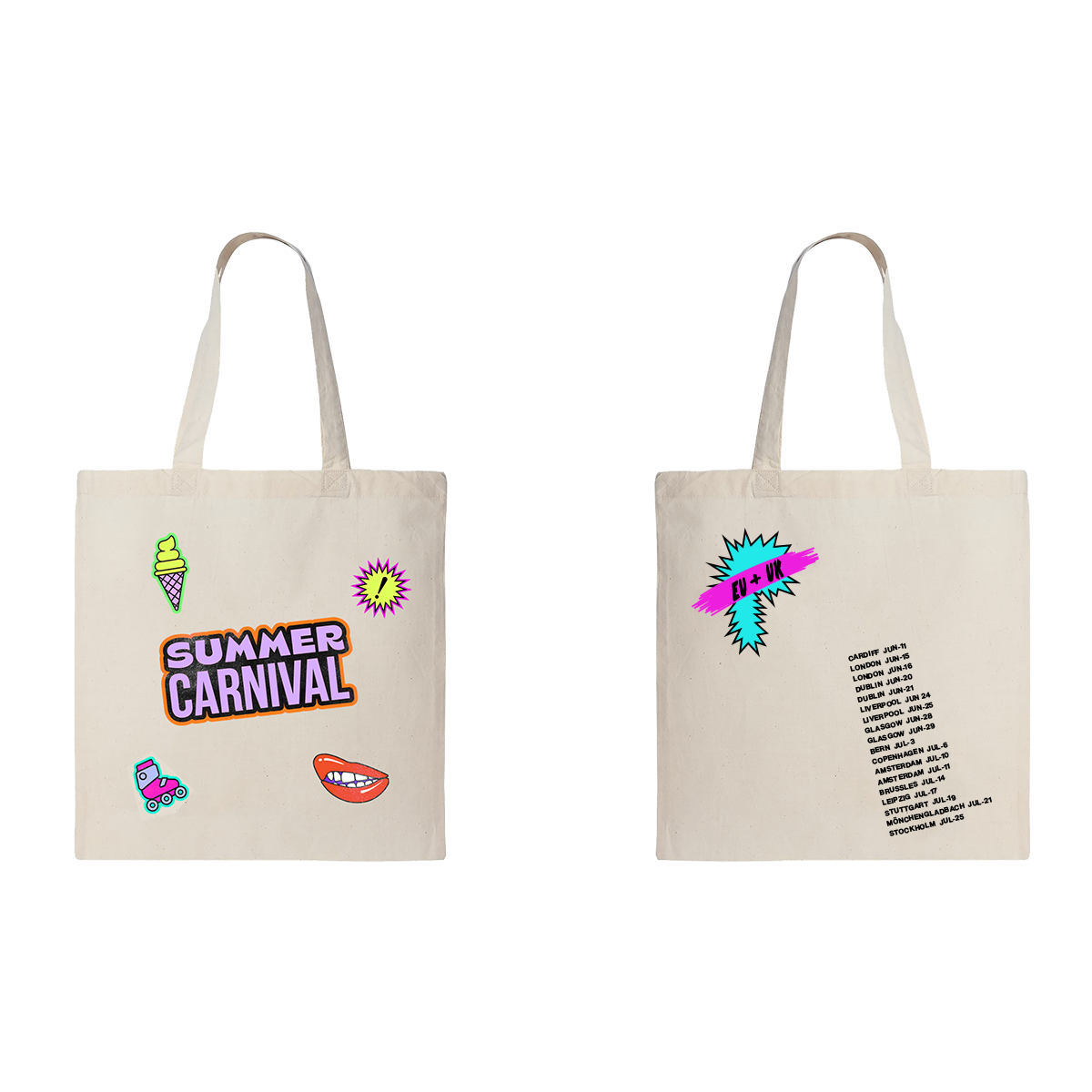 Ecru tote bag with P!NK Summer Carnival 2024 all-over patch print on both sides; one side additionally features a purple and orange 'SUMMER CARNIVAL' print, and the other side displays P!NK 2024 EU Summer tour dates.