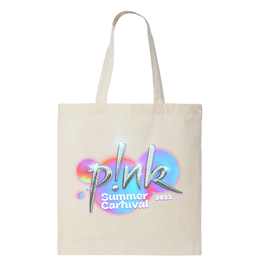 Front view of a white ecru tote bag with silver P!NK text and white 'Summer Carnival 2023' print underneath, set against neon-coloured bubbles.