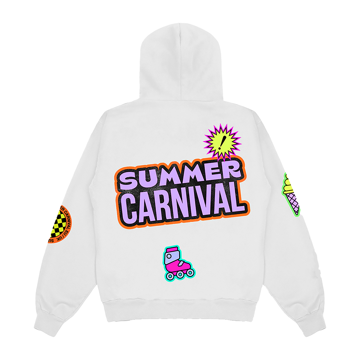 Back view of a white regular-fit pullover hoodie featuring neon-coloured P!NK Summer Carnival all-over patch print and a large purple and orange Summer Carnival text print across the back.