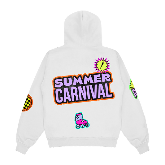 Back view of a white regular-fit pullover hoodie featuring neon-coloured P!NK Summer Carnival all-over patch print and a large purple and orange Summer Carnival text print across the back.