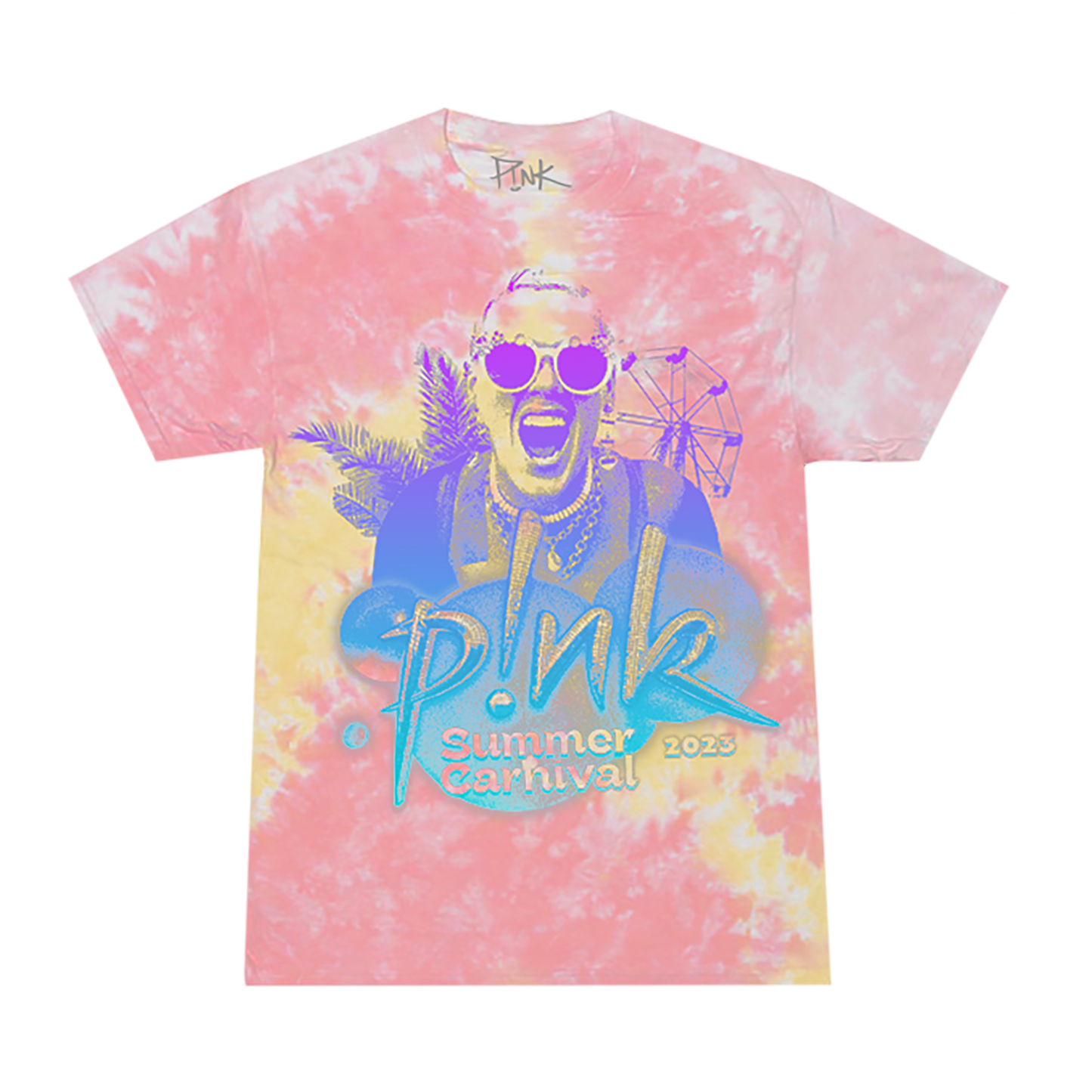 Front view of a peach tie-dye T-shirt with a colourful photo of P!NK and text reading 'P!NK Summer Carnival 2023' across the front.