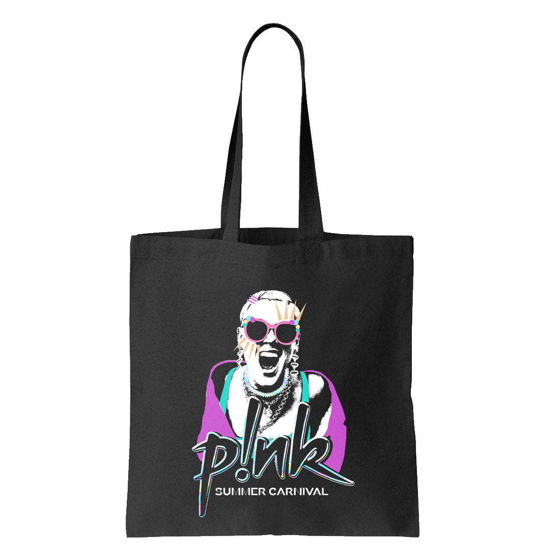 Black tote bag with neon P!NK photo print and text reading 'P!NK Summer Carnival'.
