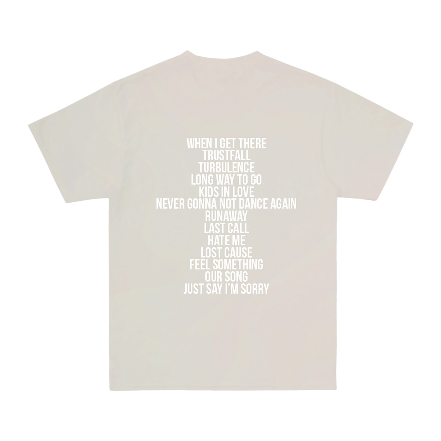 Back view of an ecru short-sleeve regular-fit T-shirt featuring a P!NK Trustfall album tracklist print across the back.