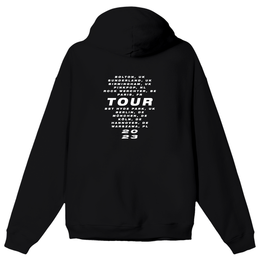 Back view of a black unisex hoodie with white P!NK 2023 tour dates printed across the back.