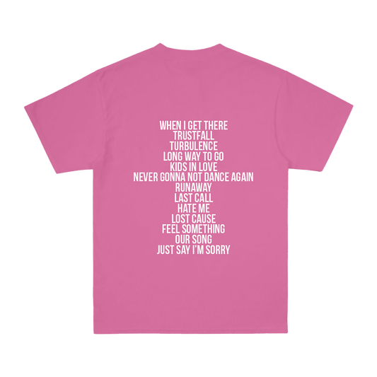 Back view of a pink short-sleeve regular-fit T-shirt featuring a white P!NK Trustfall album tracklist print across the back.