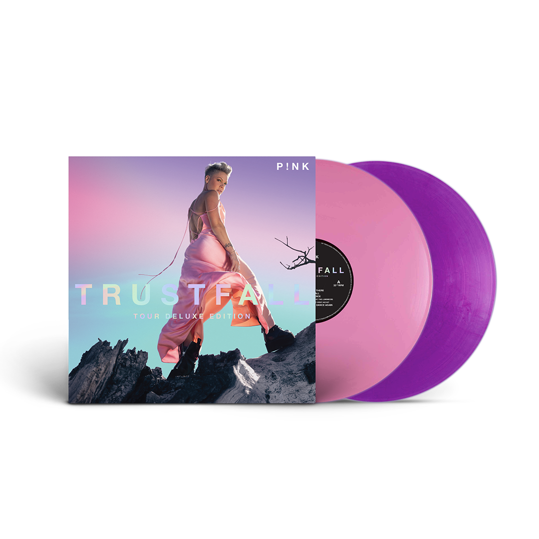 Front image of P!NK TRUSTFALL TOUR DELUXE EDITION – Limited Edition Double Vinyl featuring one purple and one pink vinyl LP.