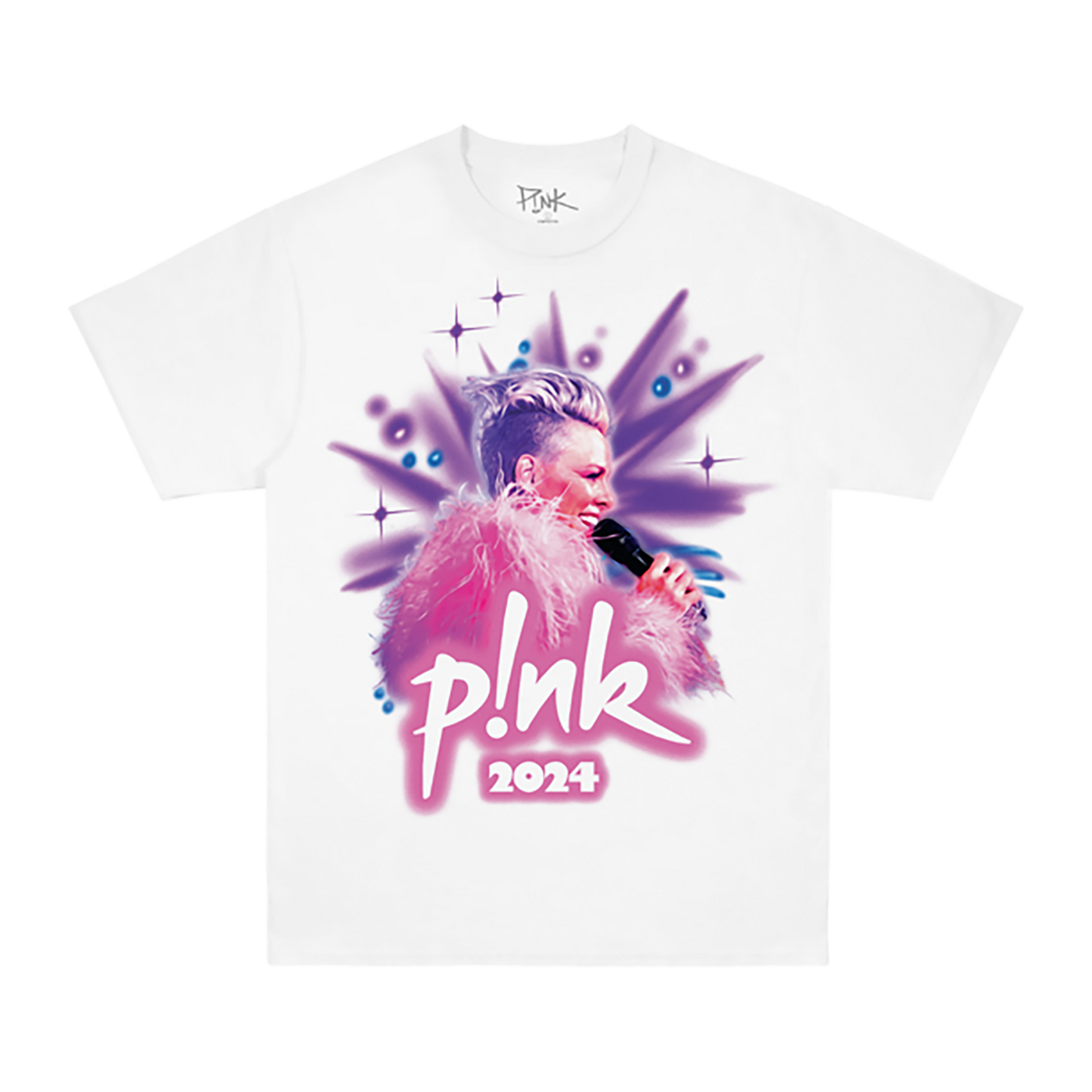 Front view of a white regular-fit short-sleeve T-shirt with a pink and purple airbrush P!NK 2024 print across the front.