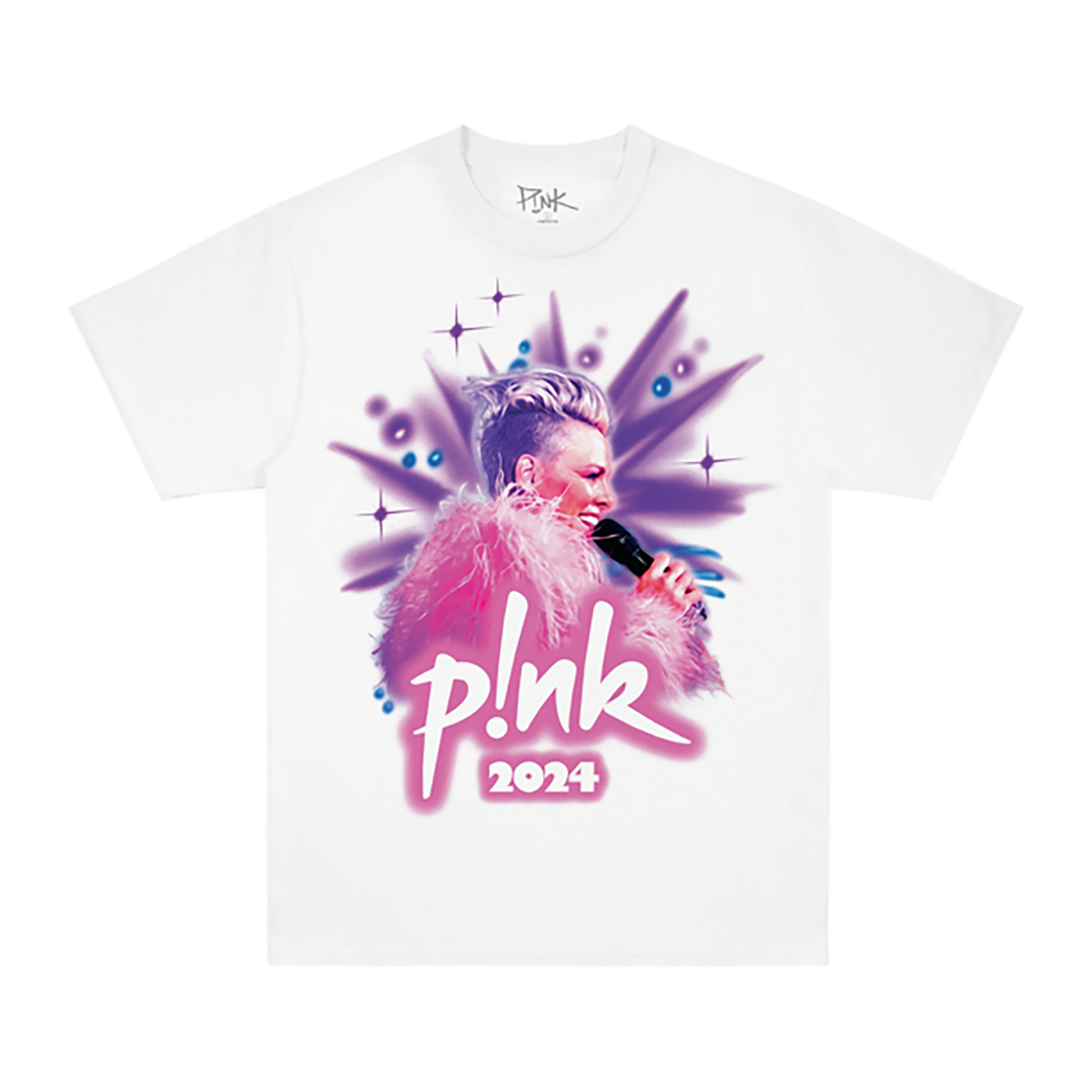 Front view of a white regular-fit short-sleeve T-shirt with a pink and purple airbrush P!NK 2024 print across the front.