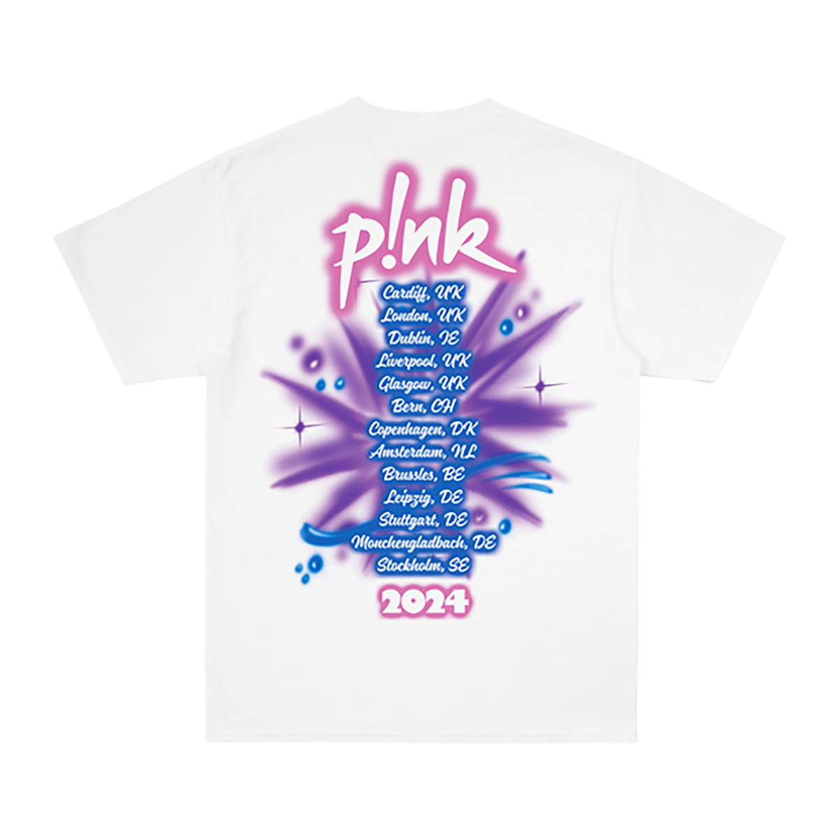Back view of a white short-sleeve regular fit t-shirt featuring P!NK Summer 2024 tour dates printed across the back.