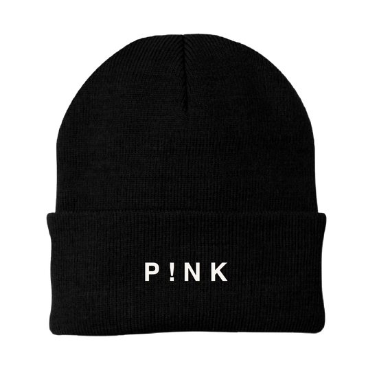 Front view of a black roll-over beanie with white P!NK text on the front