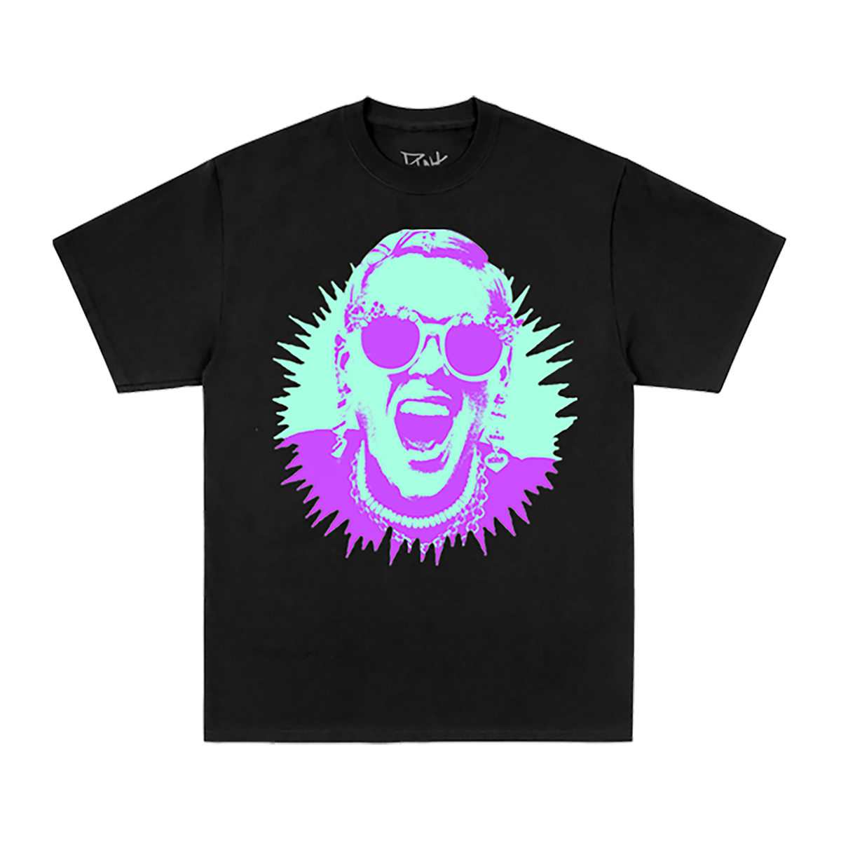 Front view of a black regular-fit short-sleeve T-shirt with neon P!NK print across the front.