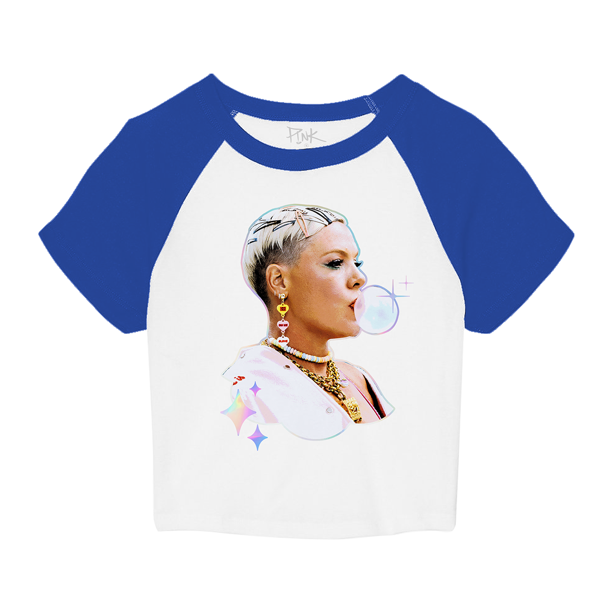 Front view of a white cropped short-sleeve raglan T-shirt with blue sleeves and neck, featuring a P!NK bubblegum print across the front.
