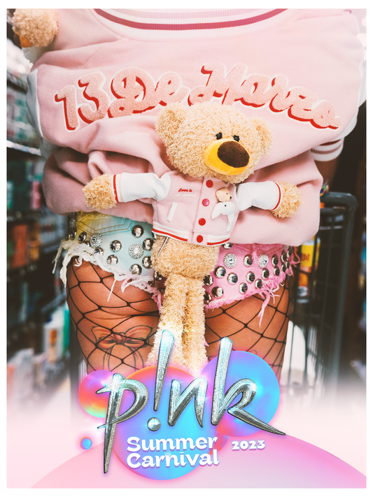 Poster showing a person in a pink shirt and fishnet stockings holding a teddy bear, with bold text reading "p!nk Summer Carnival 2023" below.