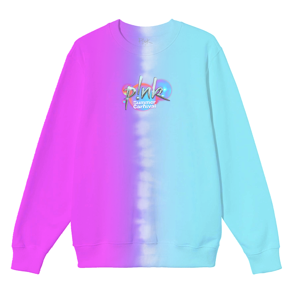 Front view of a pink and turquoise split-colour crewneck sweatshirt featuring a P!NK Summer Carnival print across the front.