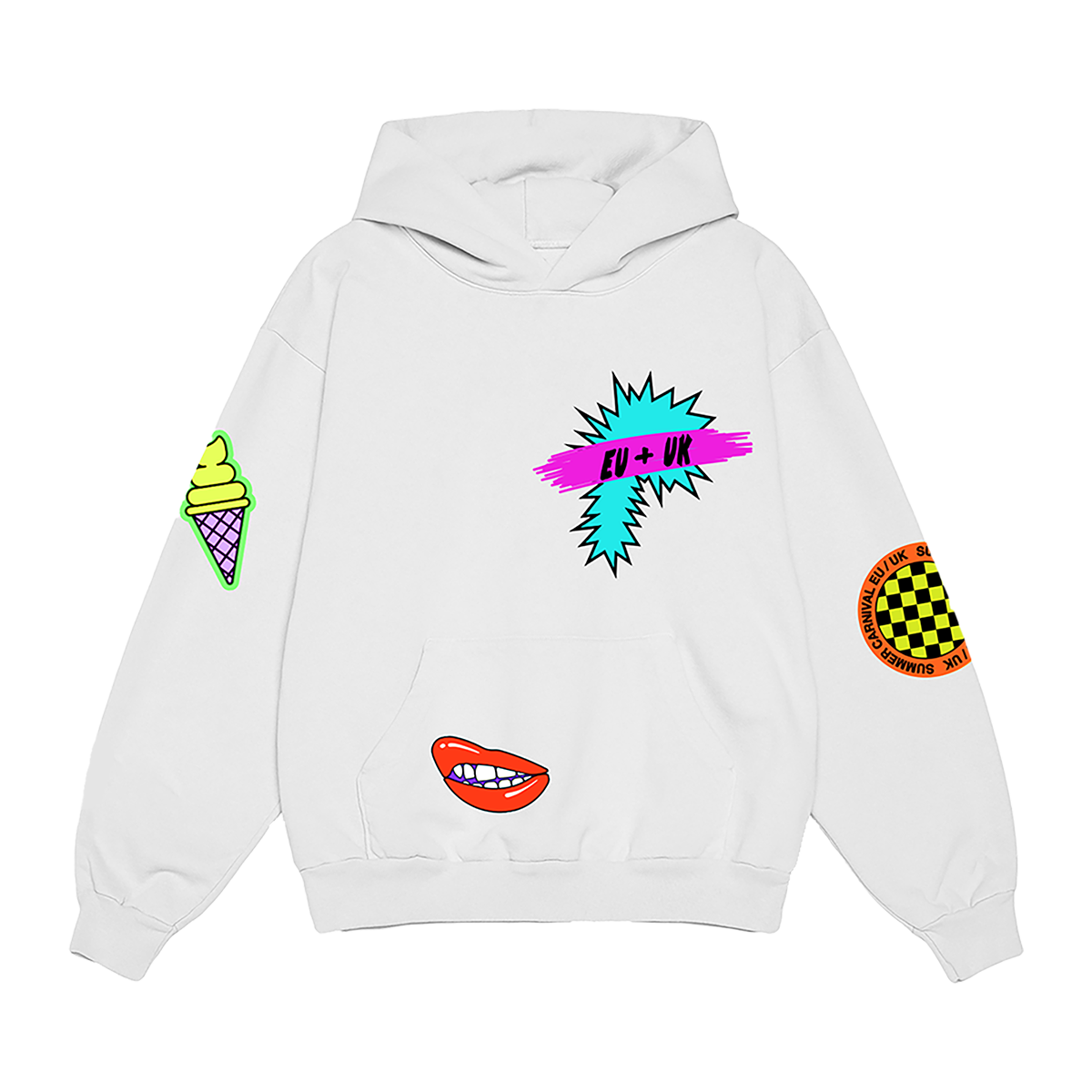Front view of a white regular-fit pullover hoodie with neon-coloured P!NK Summer Carnival all-over patch print across the front.