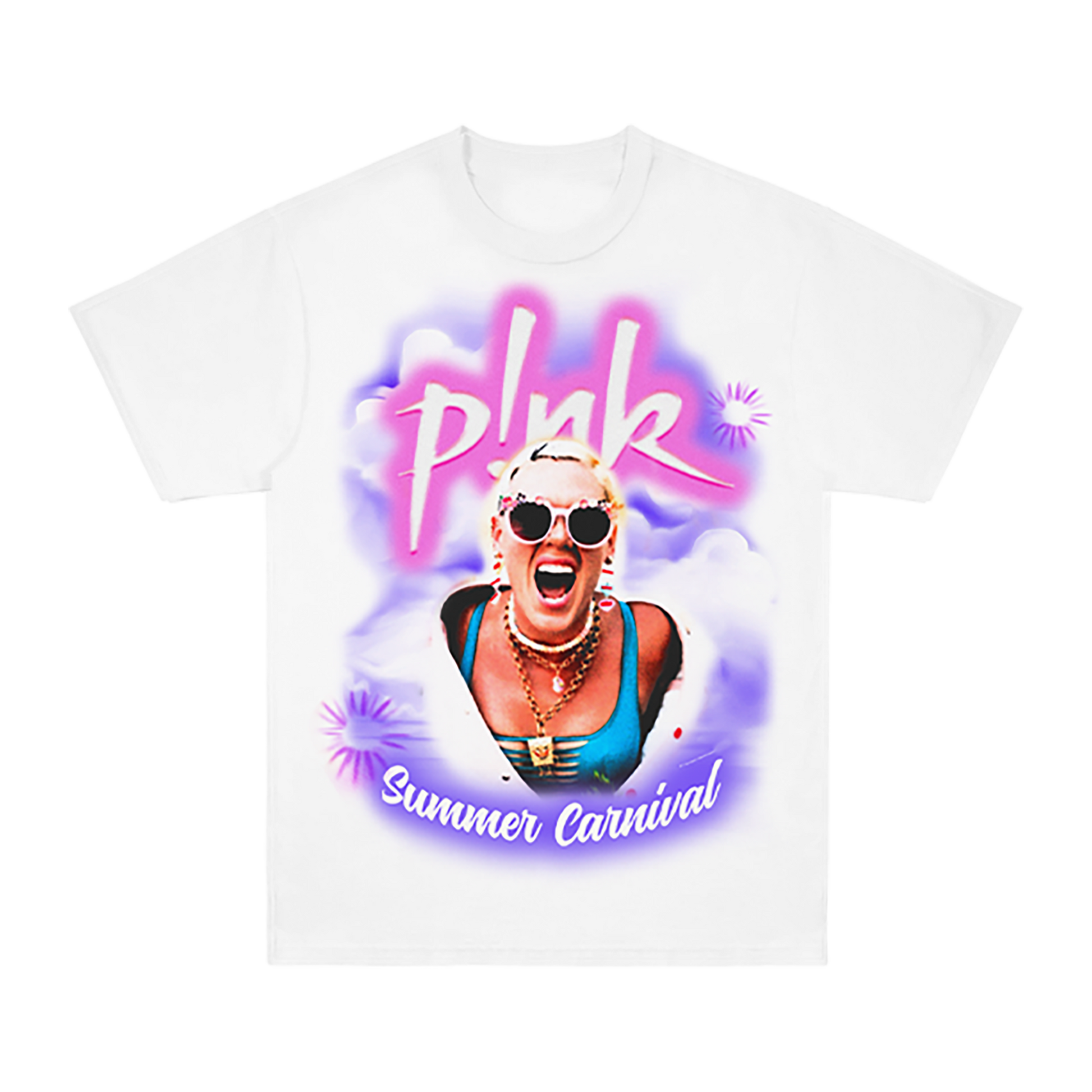 Front view of a white unisex short-sleeve T-shirt with a colourful P!NK print featuring pink 'P!NK' text, a photo of P!NK, and white 'Summer Carnival' text against a purple cloudy background.
