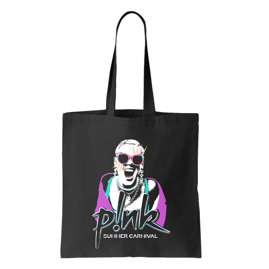 Black tote bag with neon P!NK photo print and text reading 'P!NK Summer Carnival'.
