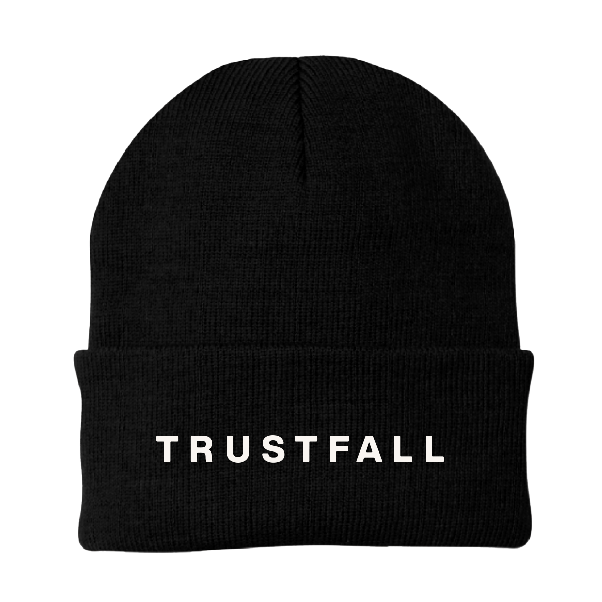 Back view of a black roll-over beanie with white TRUSTFALL text on the back