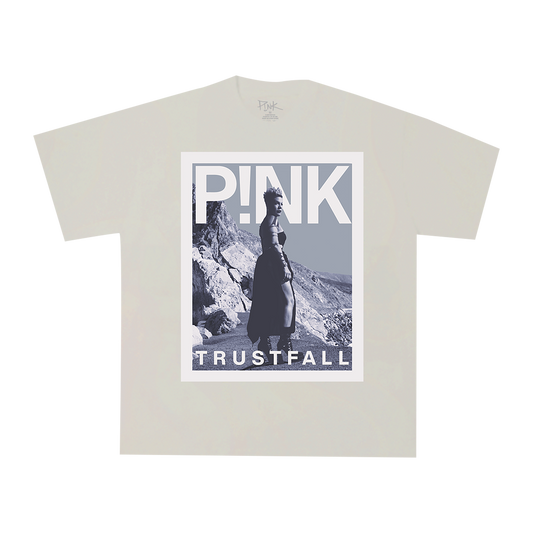 Front view of an ecru short-sleeve regular-fit T-shirt with a black and white photo print of P!NK, featuring white 'P!NK' text at the top and 'TRUSTFALL' at the bottom.