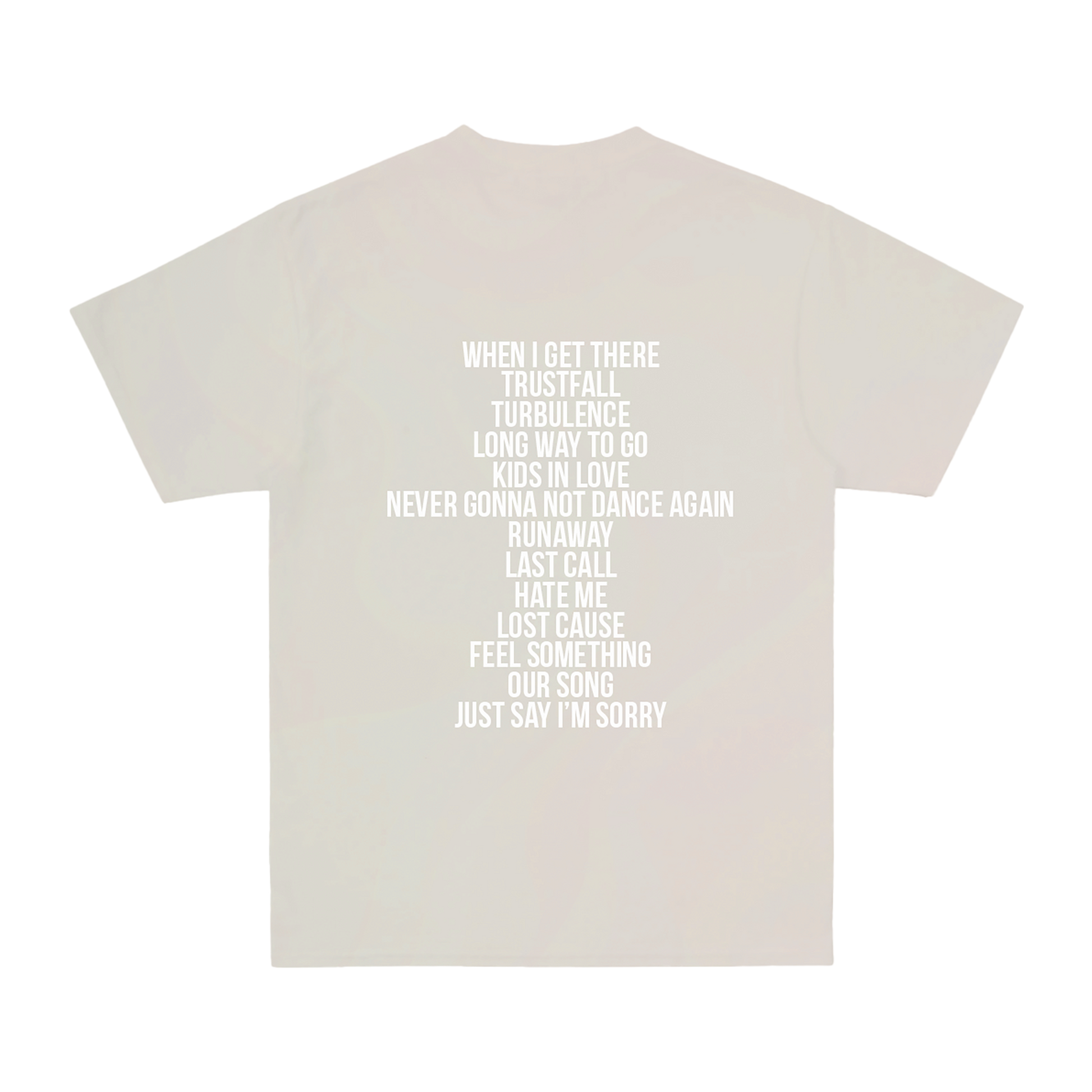 Back view of an ecru short-sleeve regular-fit T-shirt featuring a P!NK Trustfall album tracklist print across the back.