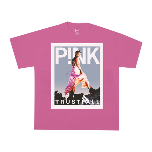 Front view of a pink short-sleeve regular-fit T-shirt with a photo print of P!NK, featuring white 'P!NK' text at the top and 'TRUSTFALL' at the bottom.