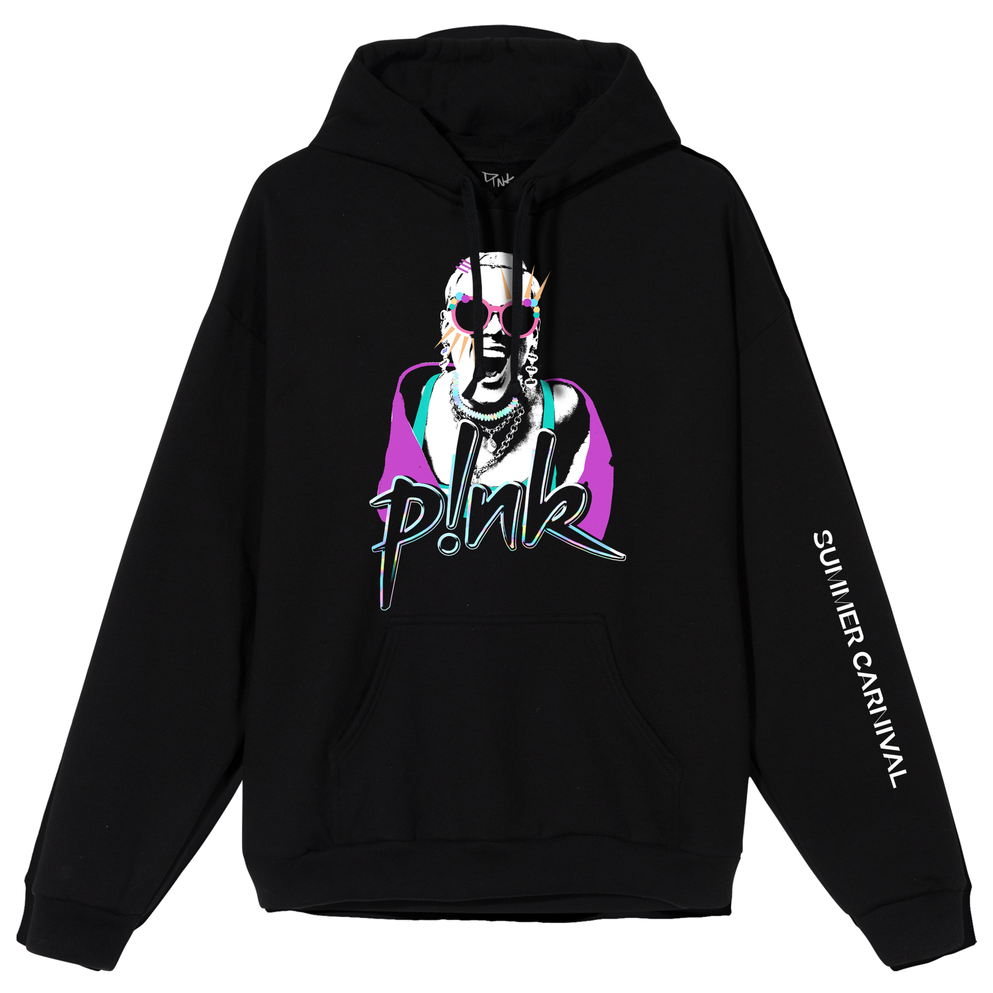 Front view of a black unisex hoodie with a drawstring hood, front pocket, neon-coloured P!NK graphic print on the front, and white 'Summer Carnival' text on the left sleeve.