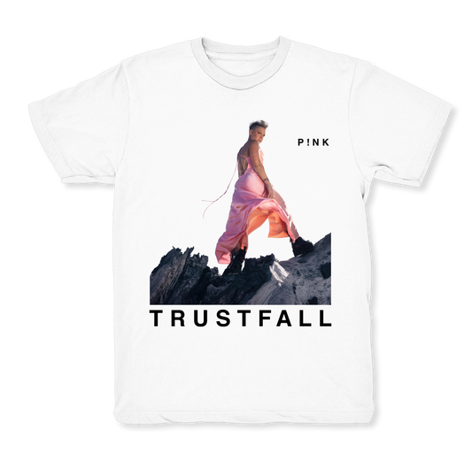 Front view of a white unisex short-sleeve T-shirt featuring P!NK's Trustfall album artwork across the front.